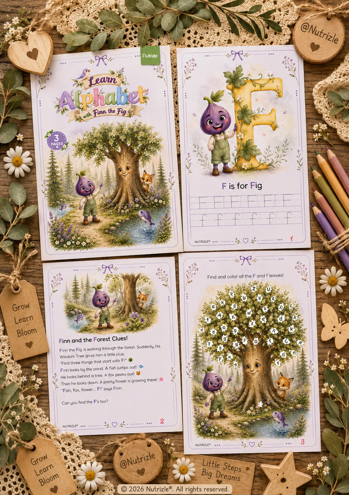 Preview page 1 of Letter F Tracing Worksheets – Finn and the Forest Clues | Preschool Printable