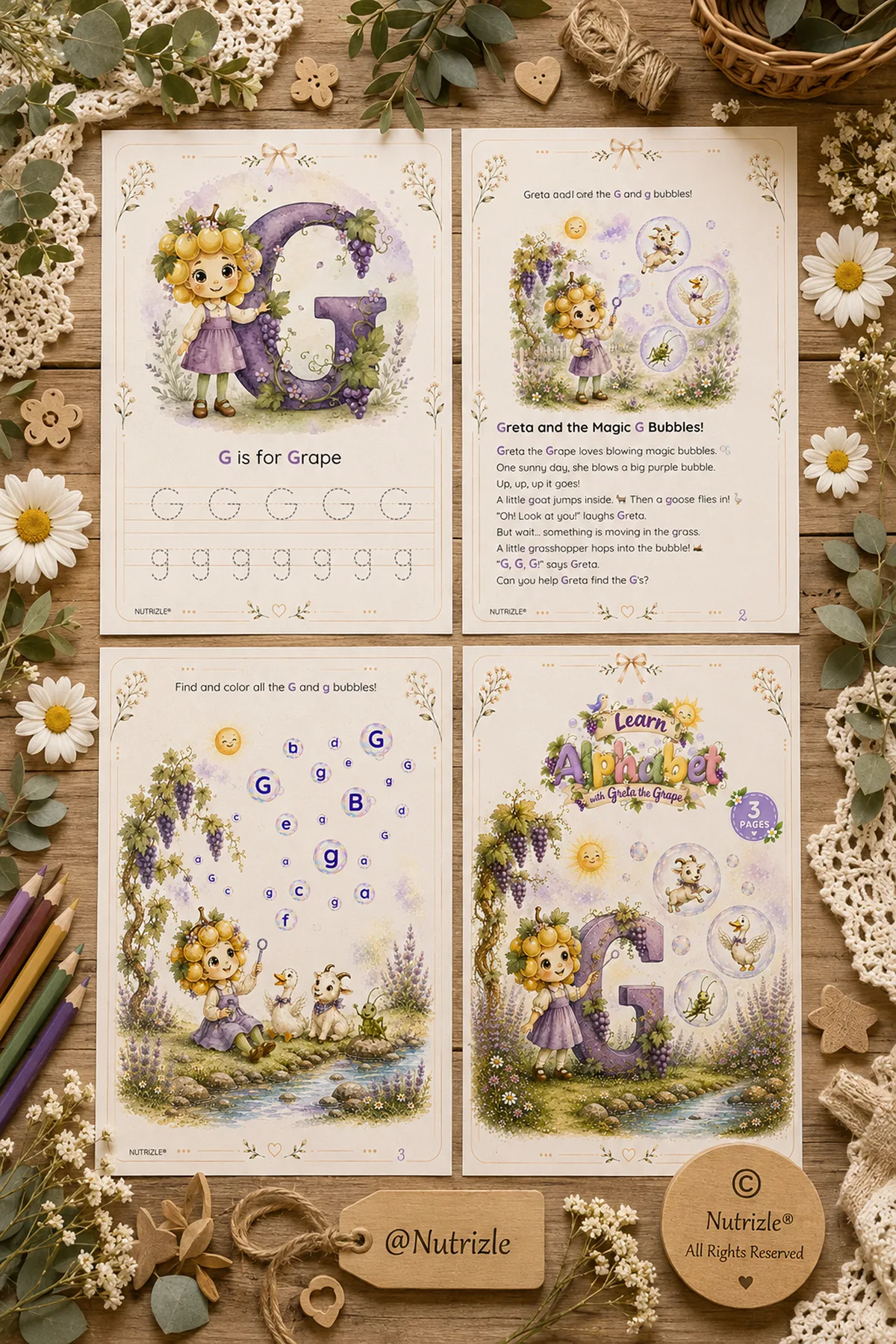 Preview page 1 of Letter G Tracing Worksheets – Greta and the Magic G Bubbles | Preschool Printable