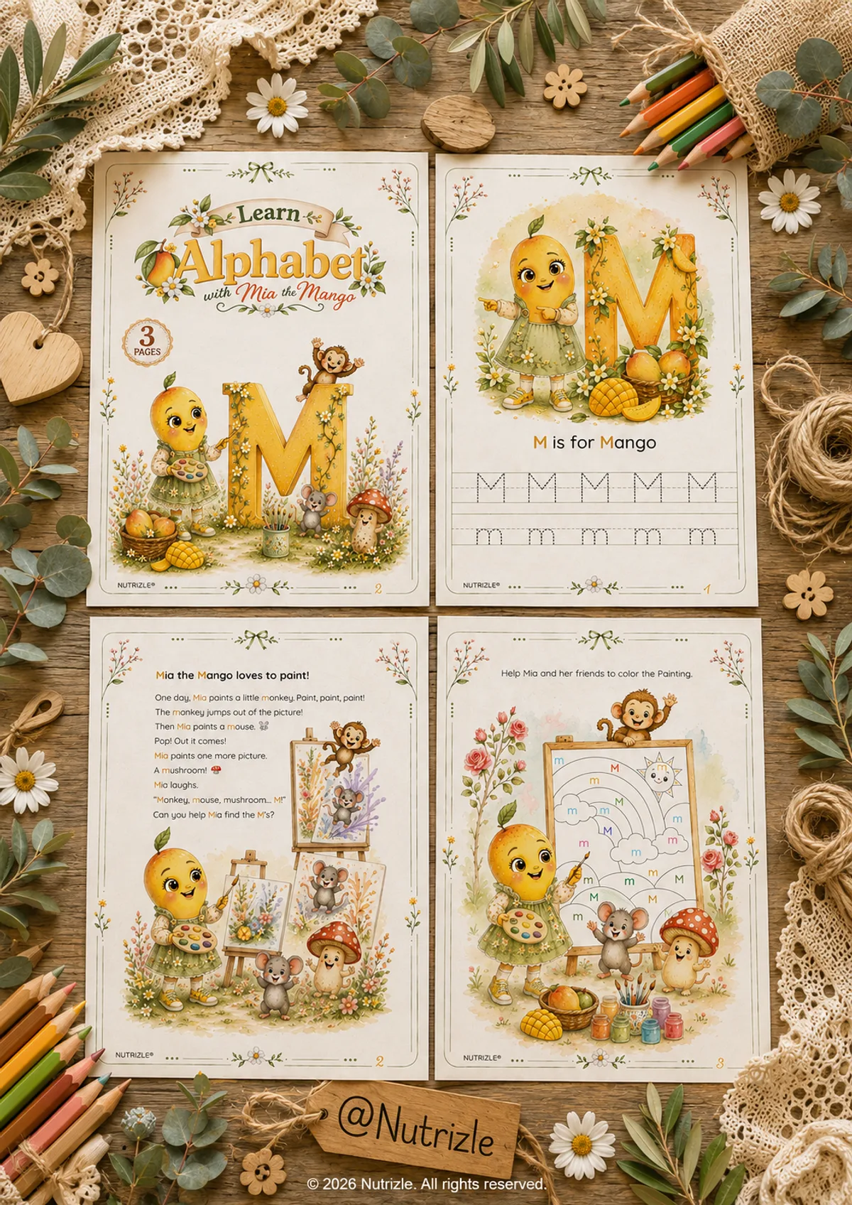 Preview page 1 of Letter M Tracing Worksheets – Mia's Painting Day | Preschool Printable