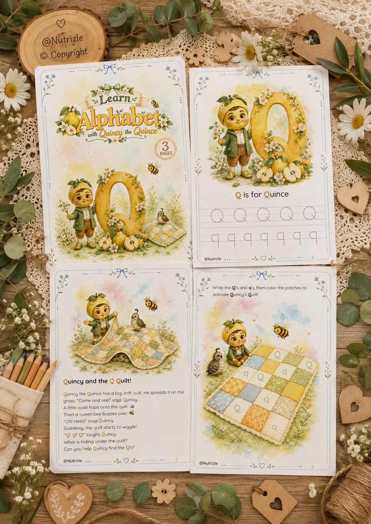 Preview page 1 of Letter Q Tracing Worksheets – Quincy and the Q Quilt | Preschool Printable
