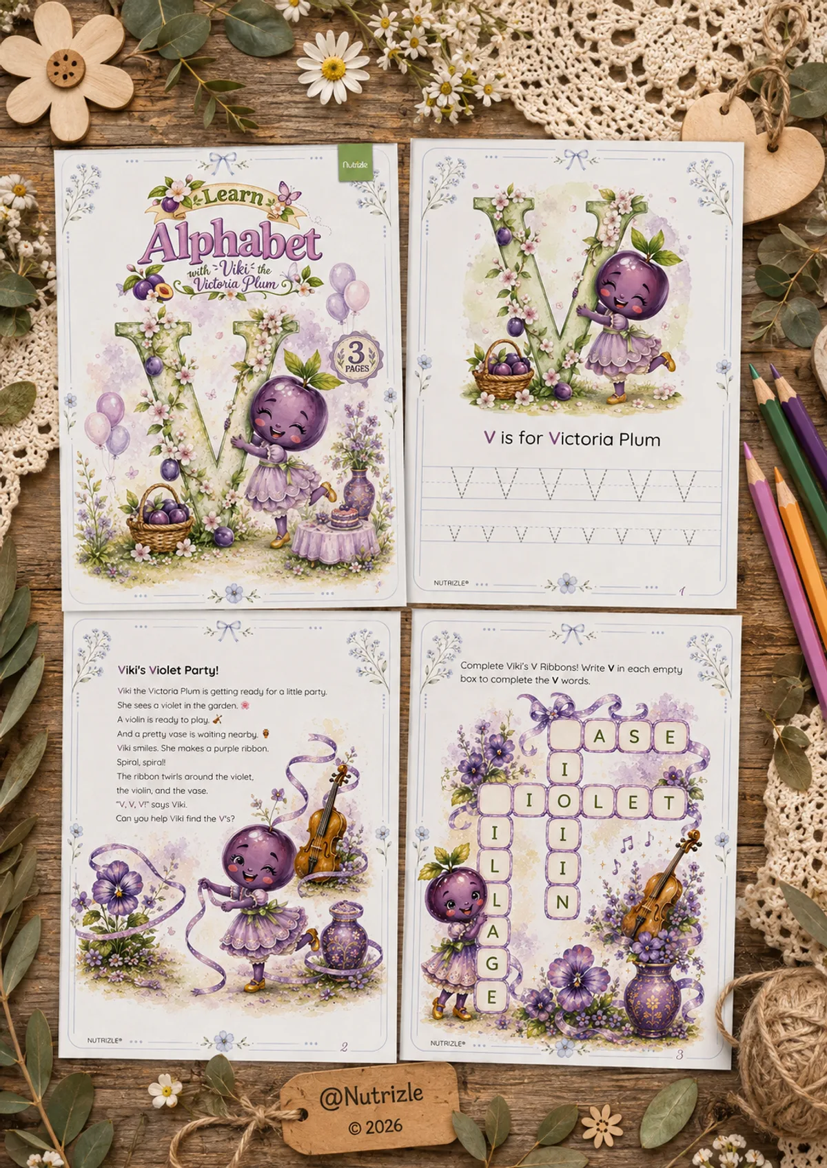 Preview page 1 of Letter V Tracing Worksheets – Viki's Violet Party | Preschool Printable