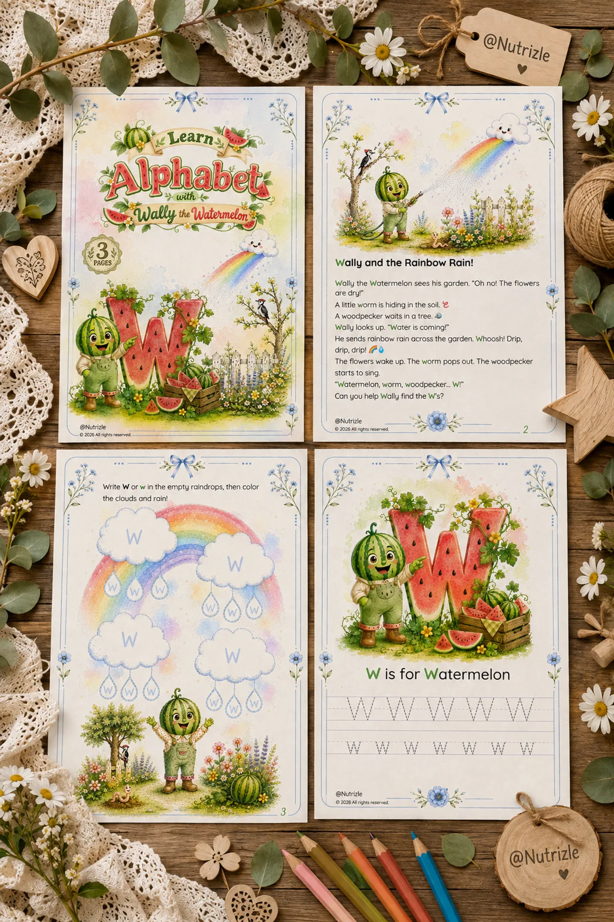 Preview page 1 of Letter W Tracing Worksheets – Wally and the Rainbow Rain | Preschool Printable
