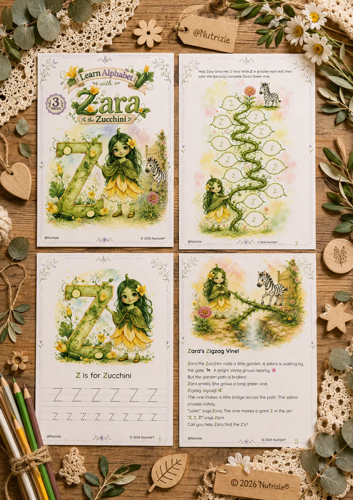 Preview page 1 of Letter Z Tracing Worksheets – Zara's Zigzag Vine | Preschool Printable