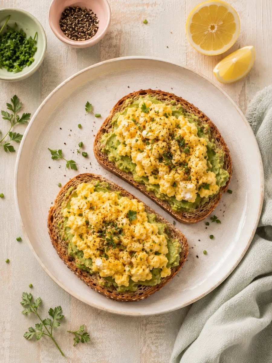 Avocado Toast with Scrambled Eggs and Fresh Herbs