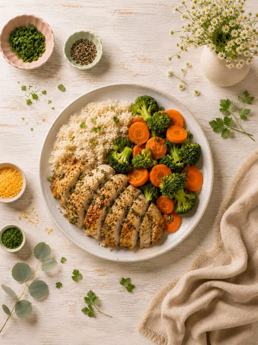Garlic Herb Chicken with Broccoli, Carrots, and Rice
