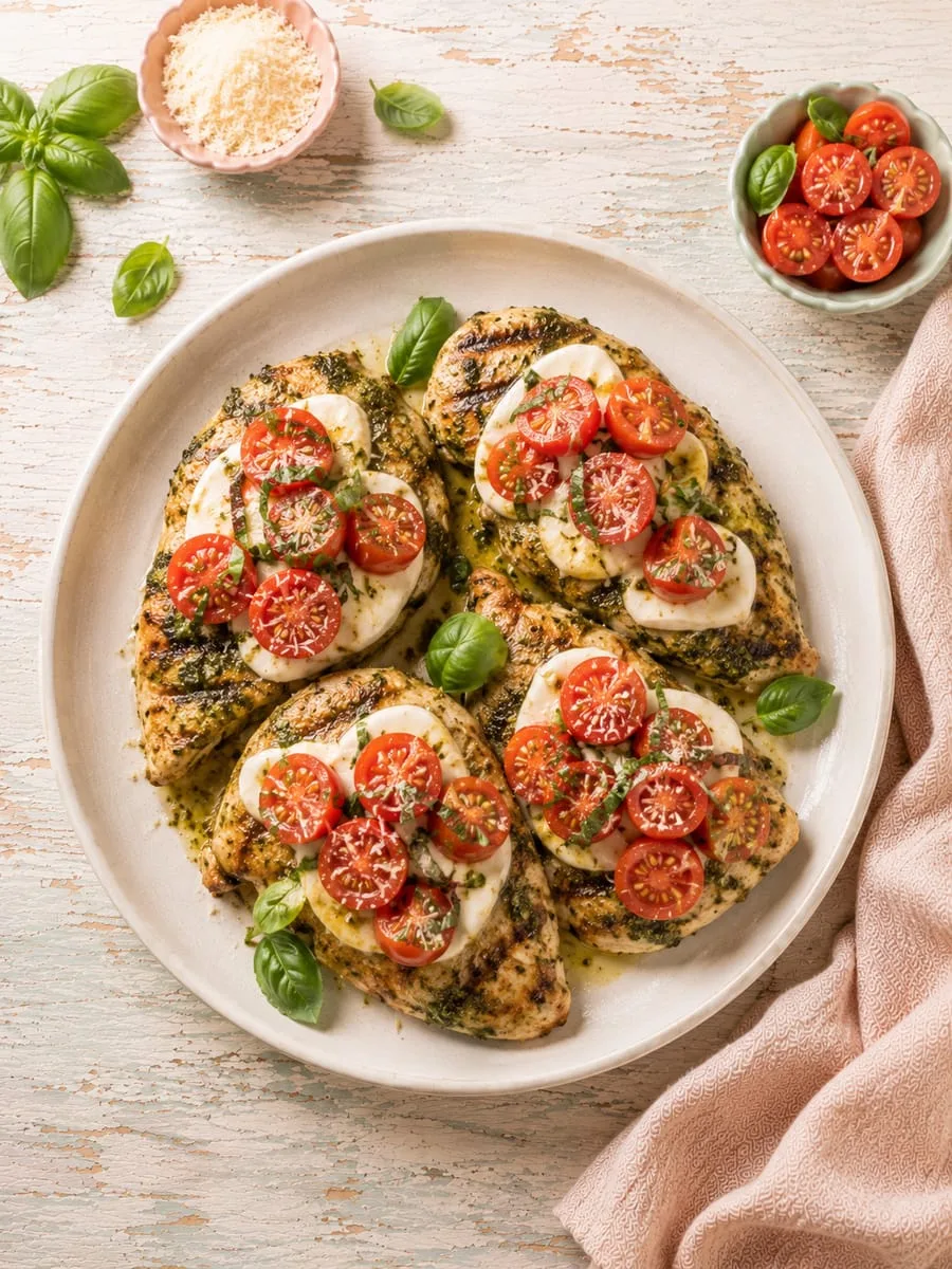 Grilled Homemade Pesto Chicken with Fresh Tomato Basil Topping