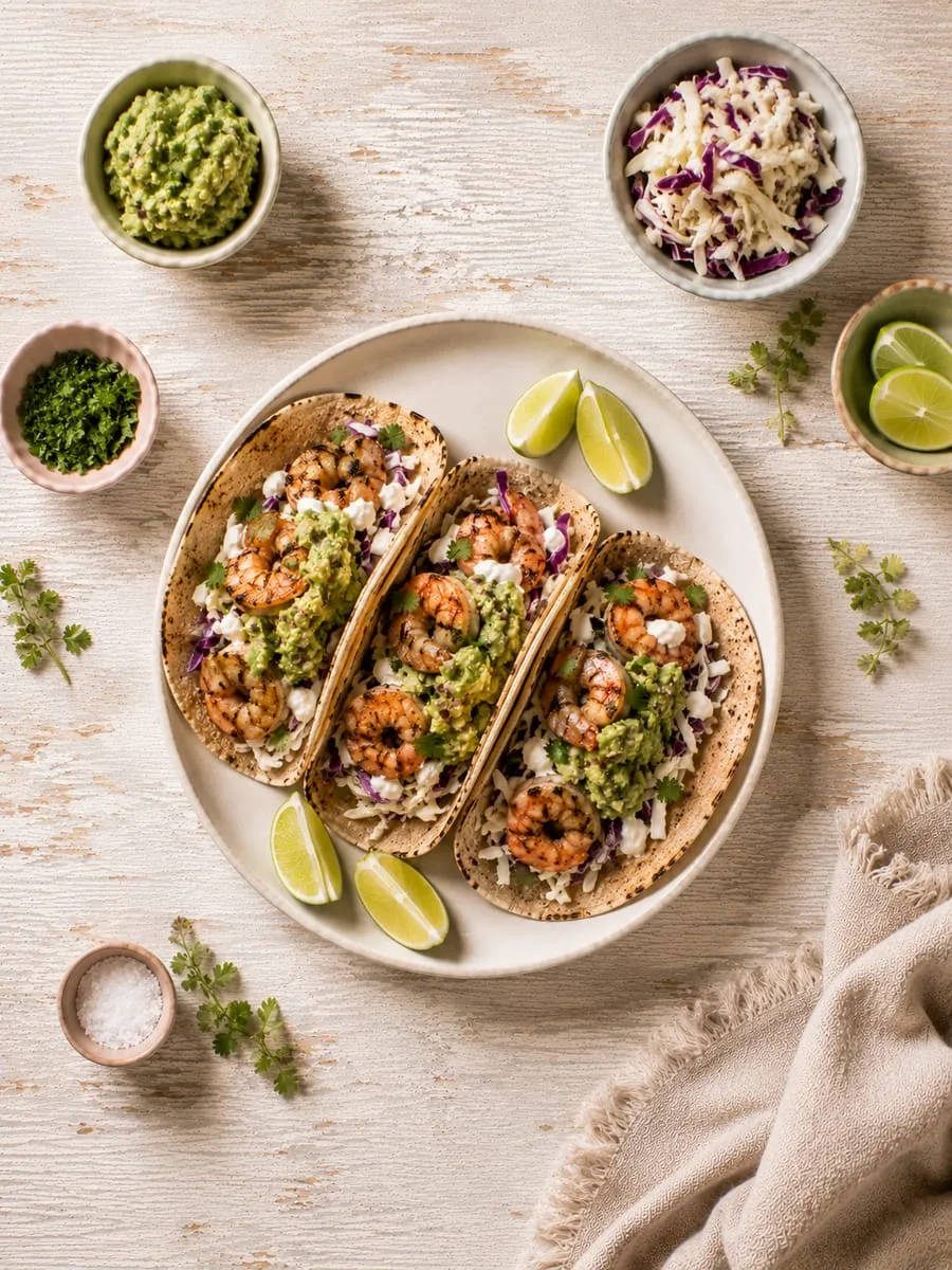 Grilled Shrimp Tacos with Cabbage and Guacamole