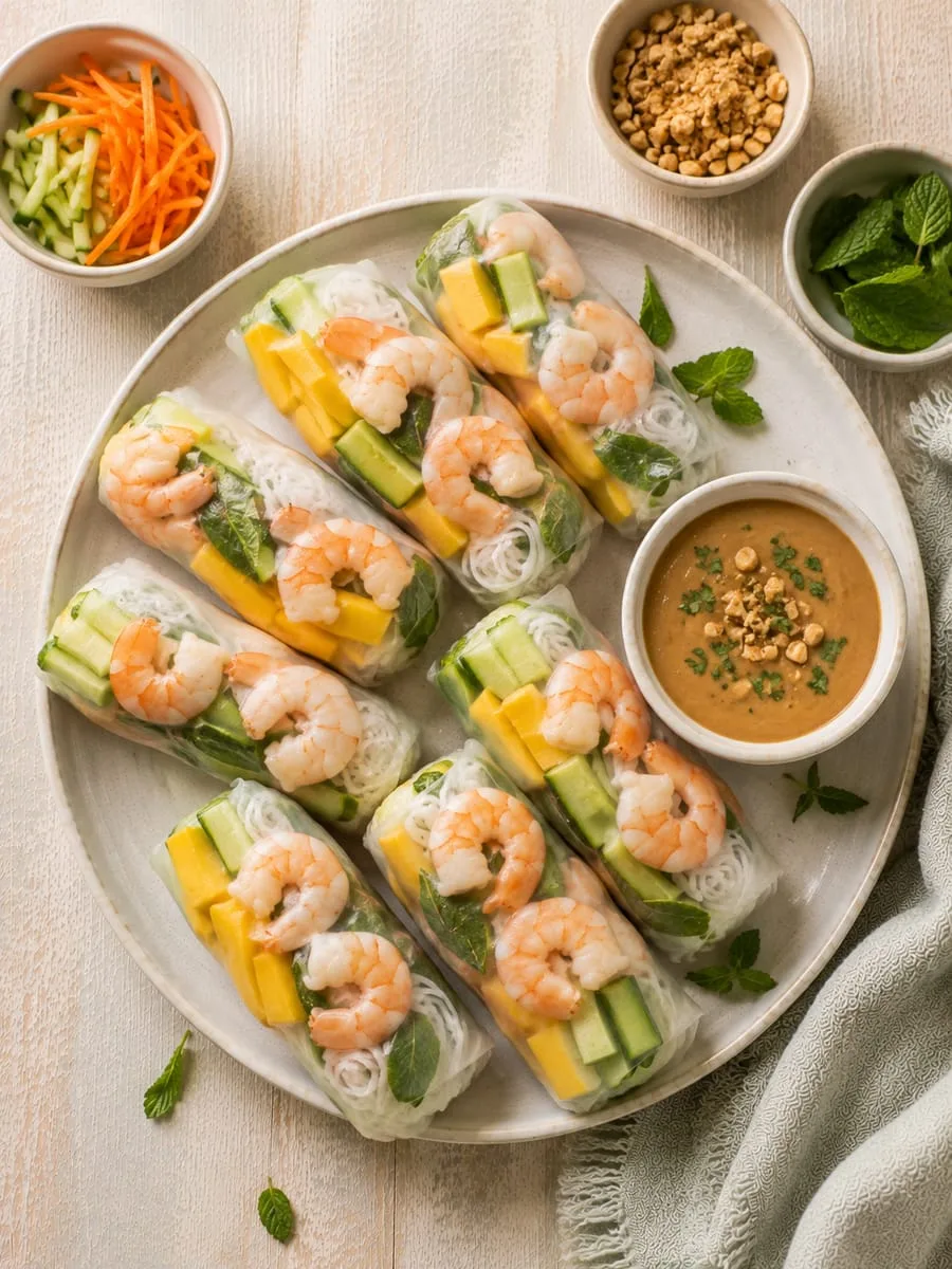 Healthy Spring Rolls with Shrimp, Mango, and Peanut Sauce