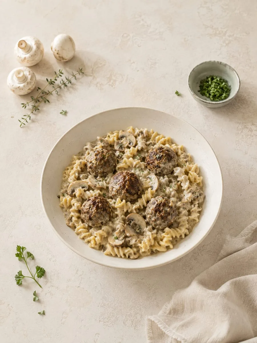 Meatballs with Pasta and Creamy Mushroom Sauce