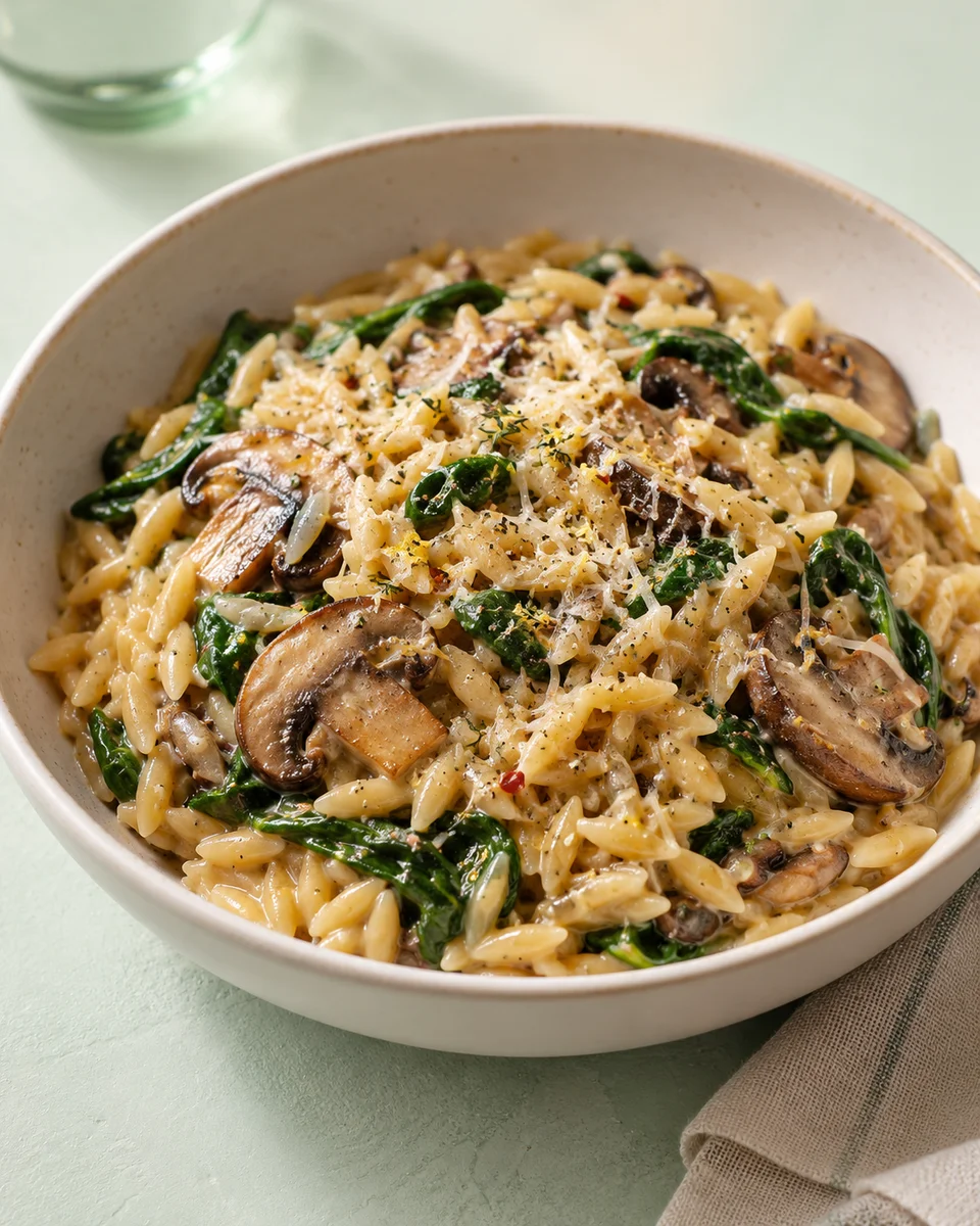 One-Pot Creamy Mushroom and Spinach Orzo