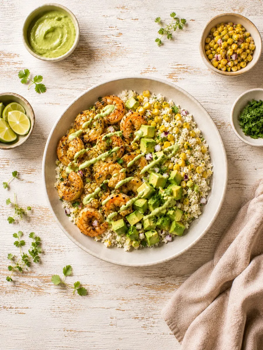 Shrimp and Cauliflower Rice Bowls with Avocado Crema