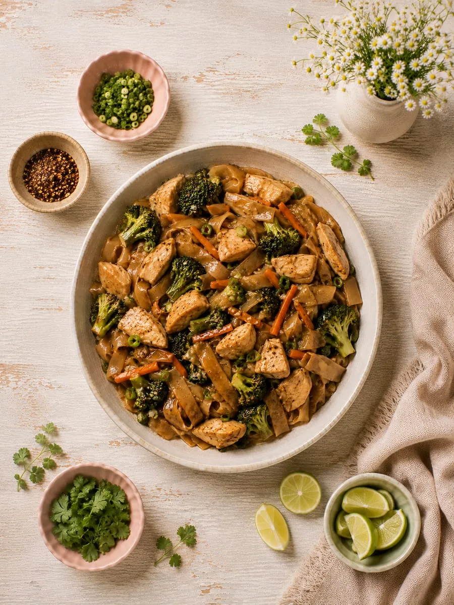 Stir-Fried Flat Rice Noodles with Chicken and Broccoli